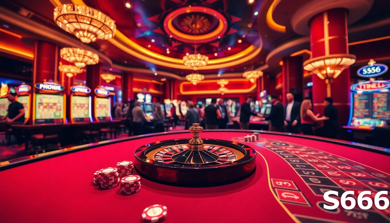 S666 casino scene with vibrant tables and engaging players, showcasing luxury gambling experience.
