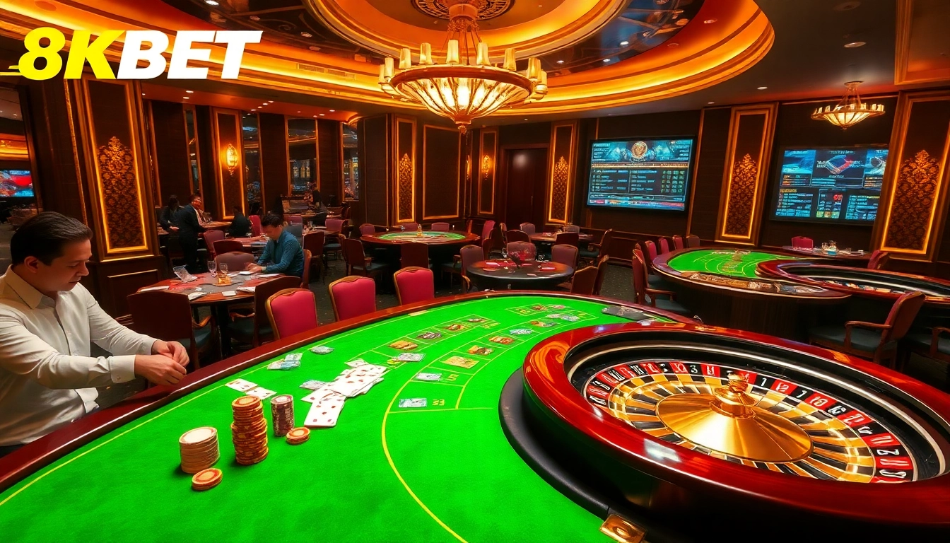 Experience the thrill of gambling at 8KBET with elegant casino tables and live betting activities.