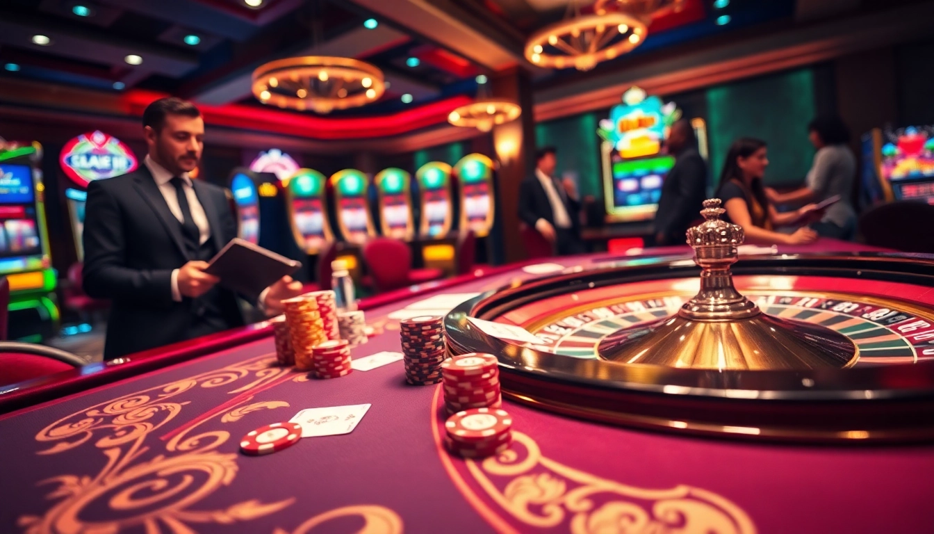 Action-packed gambling scene highlighting MB66 đăng nhập with poker chips and roulette wheel.