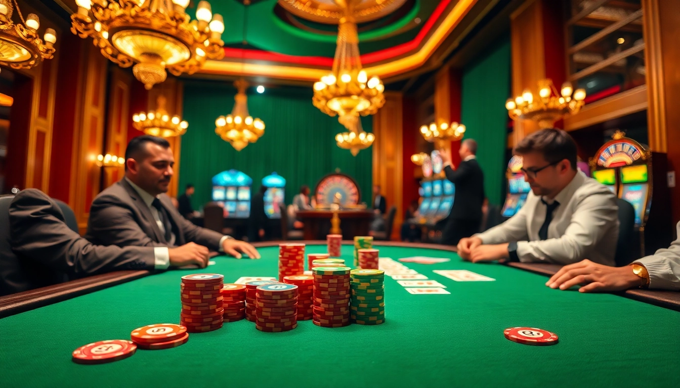 Experience the luxury of s666 in a vibrant casino scene with poker players and sparkling chips.