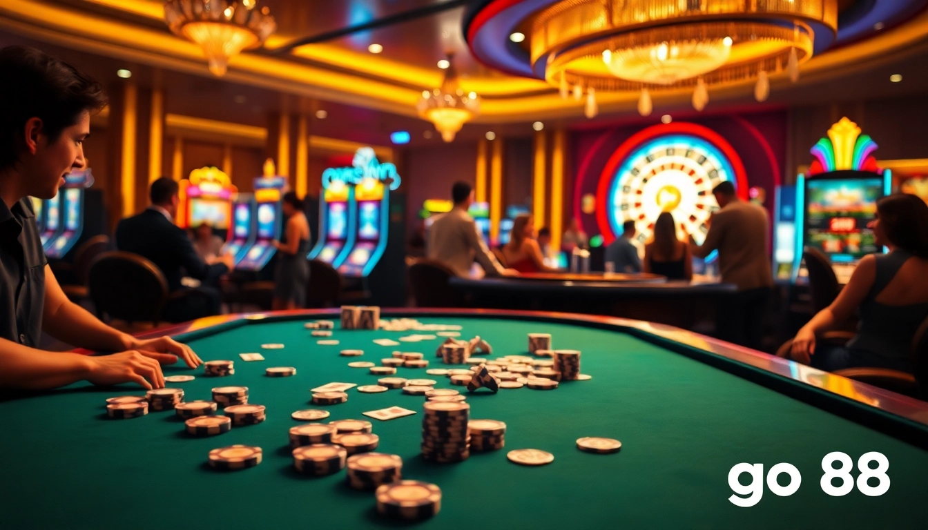Join the excitement at go88's lively casino gaming table filled with colorful chips and cards.
