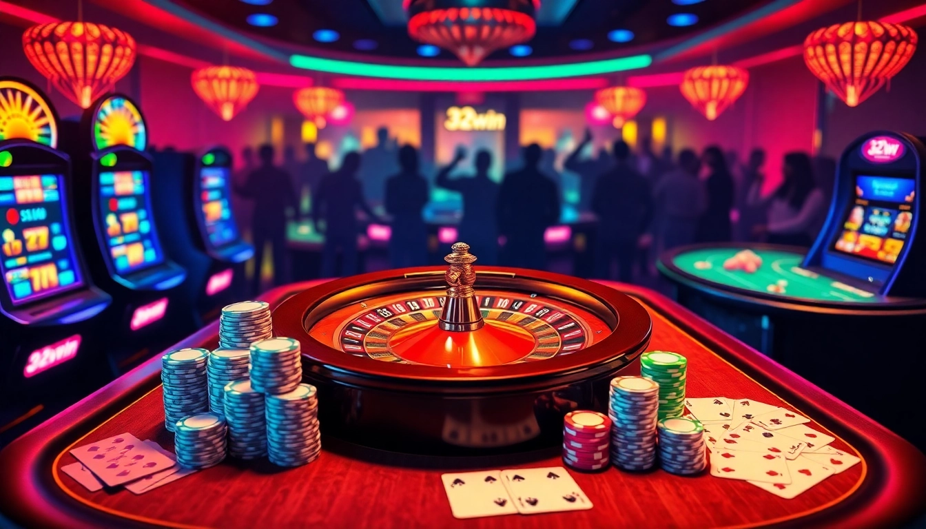 Experience the thrill of gambling at 32win.com with vibrant casino visuals featuring roulette and poker.
