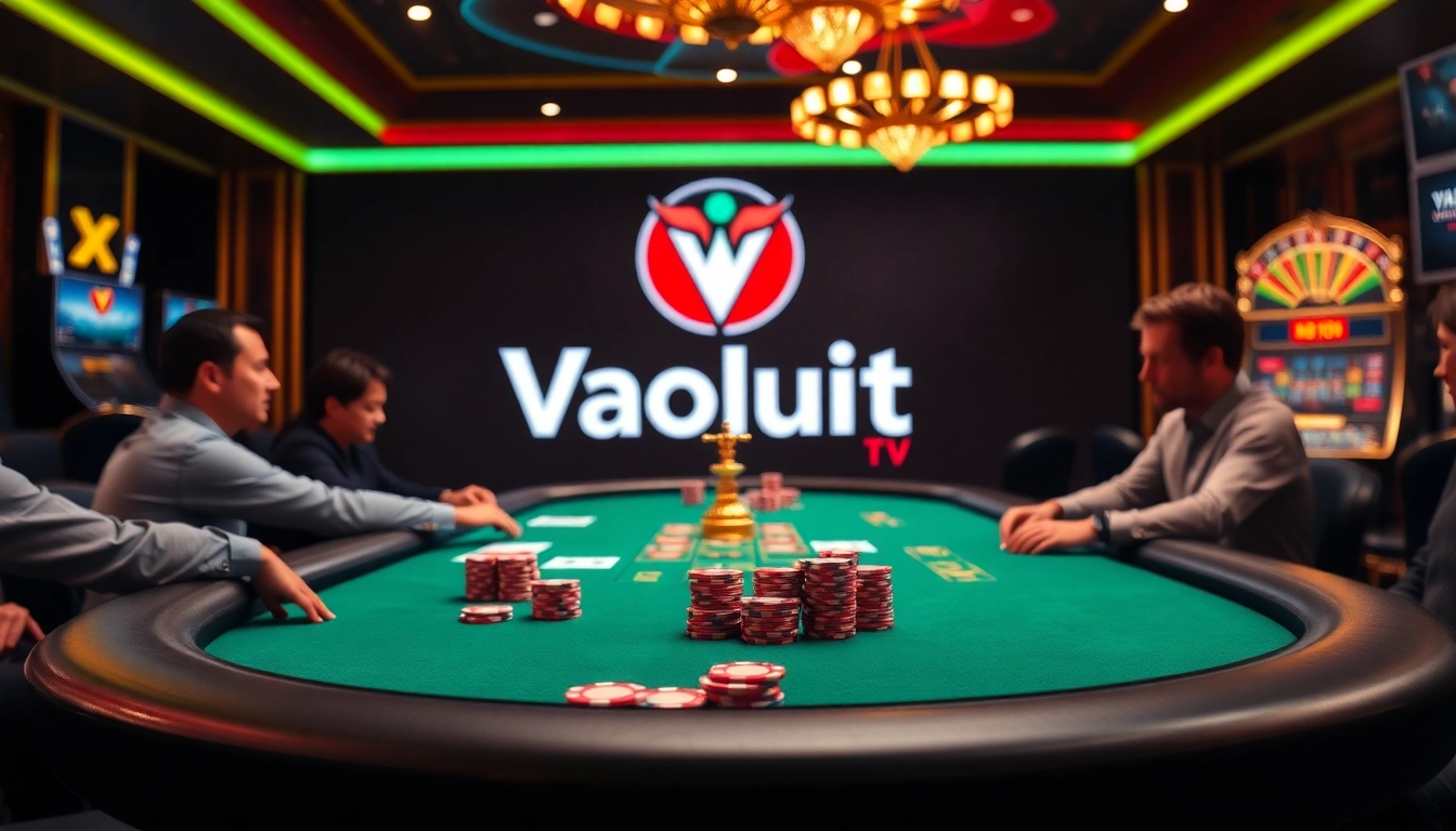 Vaoluoitv poker scene with professional players and vibrant casino elements.