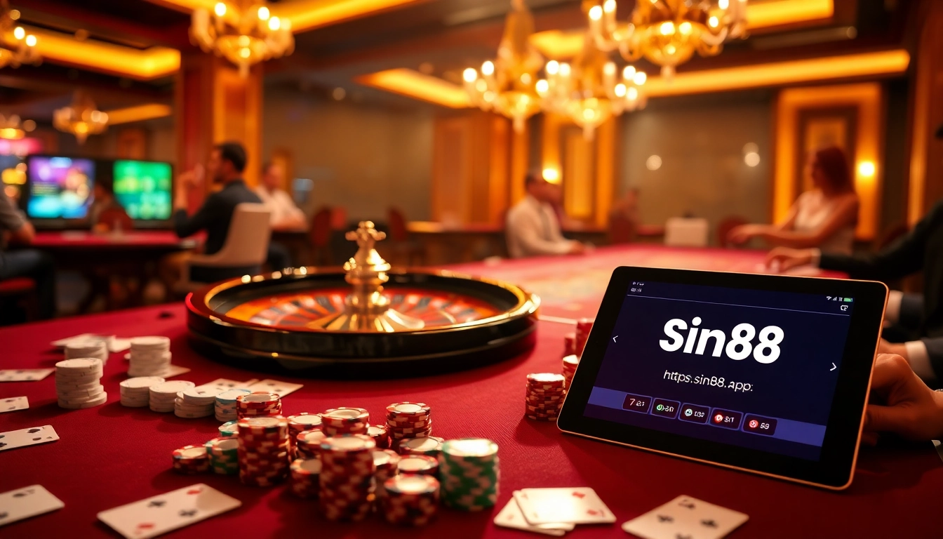 Experience the thrill of gambling at https://sin88.app/ with an exciting roulette wheel and poker chips.