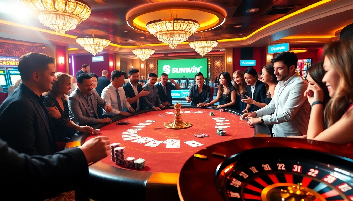 Exciting gameplay at Sunwin casino table with players enjoying cards and chips.
