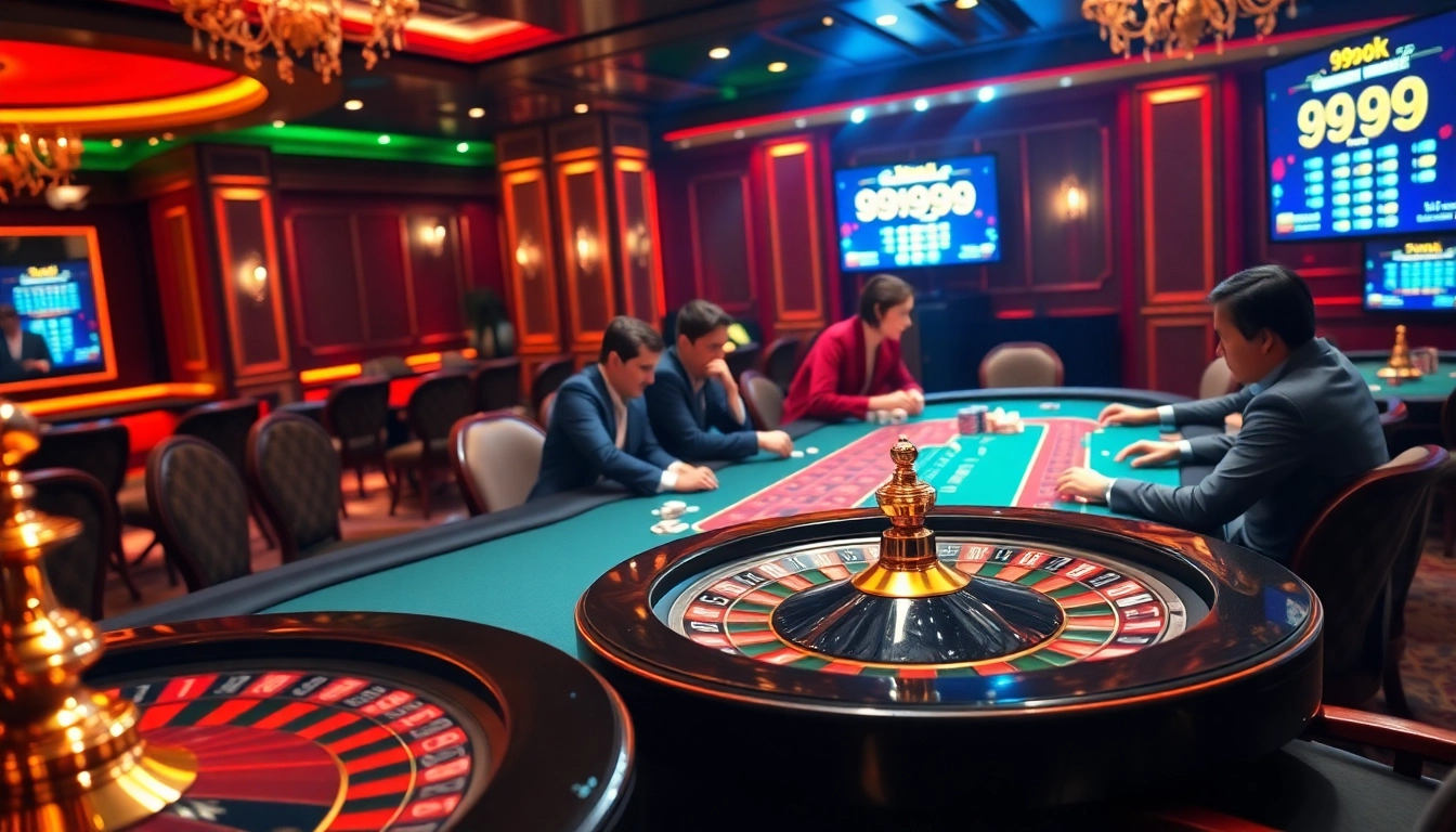 Experience the thrill of gambling at 99ok with an exciting casino scene featuring roulette and poker.