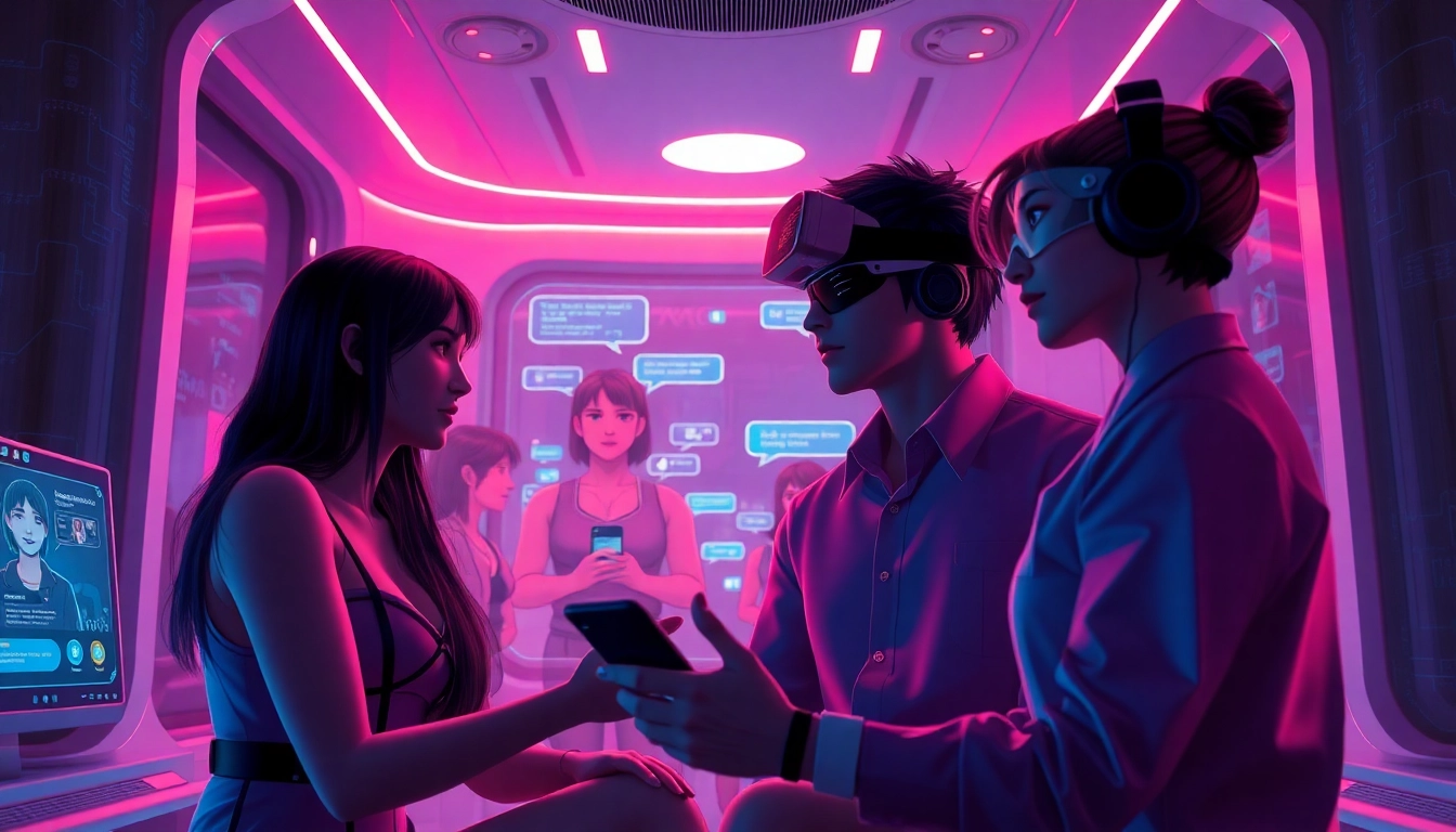 A captivating scene of "sex ai" interaction in a modern digital chat space, featuring diverse animated characters and inviting ambiance.