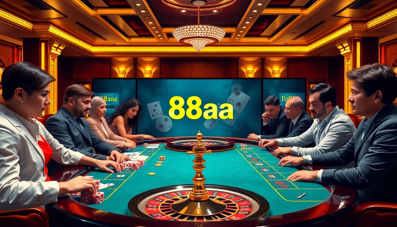 Gambling table vibrant with 88aa logo, colorful chips, and excited players.