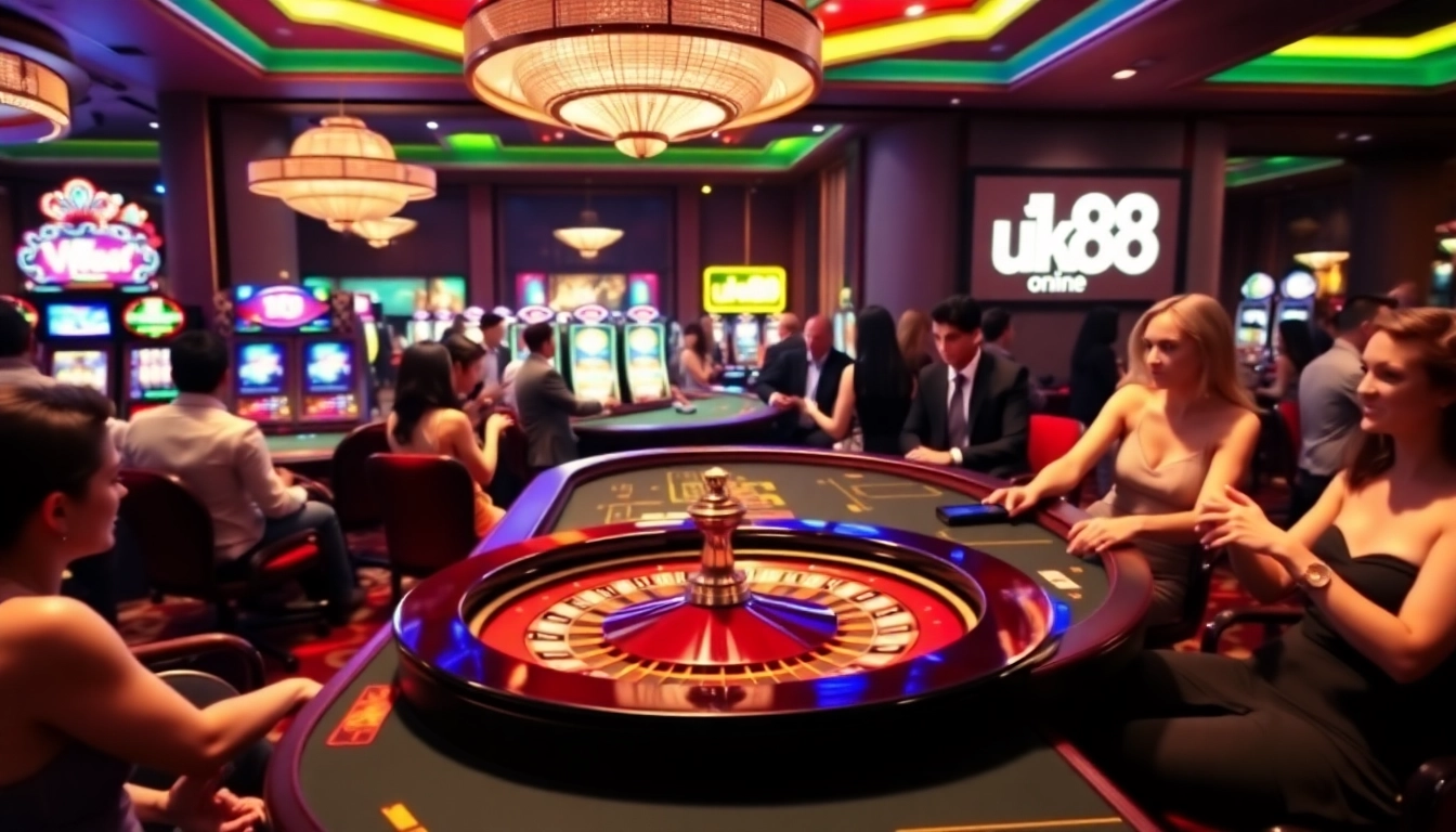 Experience the excitement of gambling at UK88 with a luxurious casino scene filled with roulette and poker tables.
