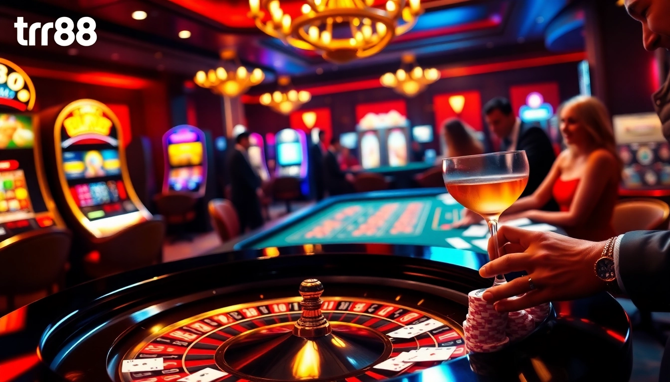Players enjoying high stakes at the tr88 roulette table in a luxurious casino setting.