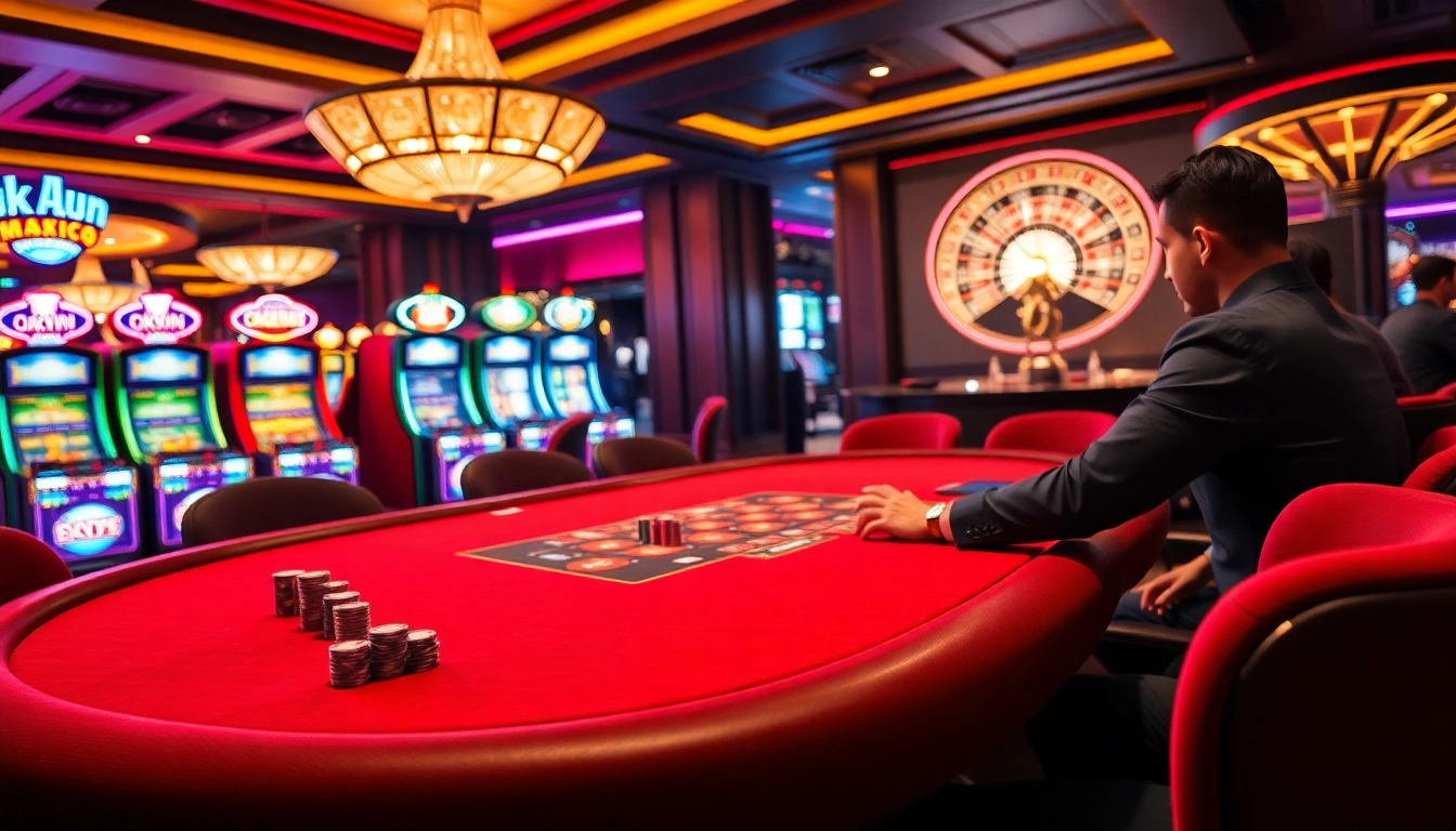 Okwin online gambling scene showcasing poker players and luxurious casino elements.