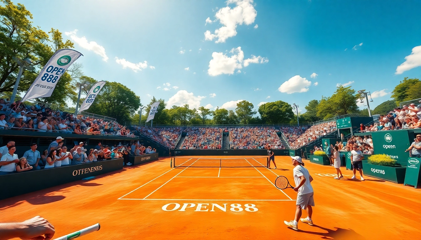OPEN88 tennis tournament action on a vibrant clay court.