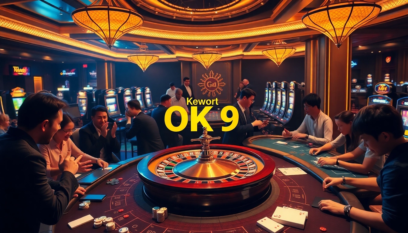 Casino scene with engaging players and OK 9-themed roulette, emphasizing excitement in gambling.