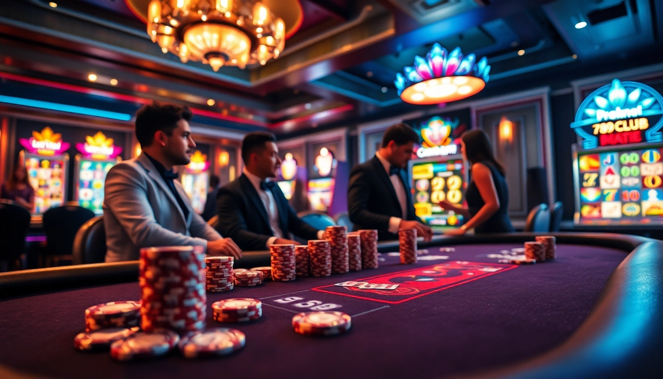 Players enjoying poker and slot games at 789club, showcasing vibrant casino excitement.