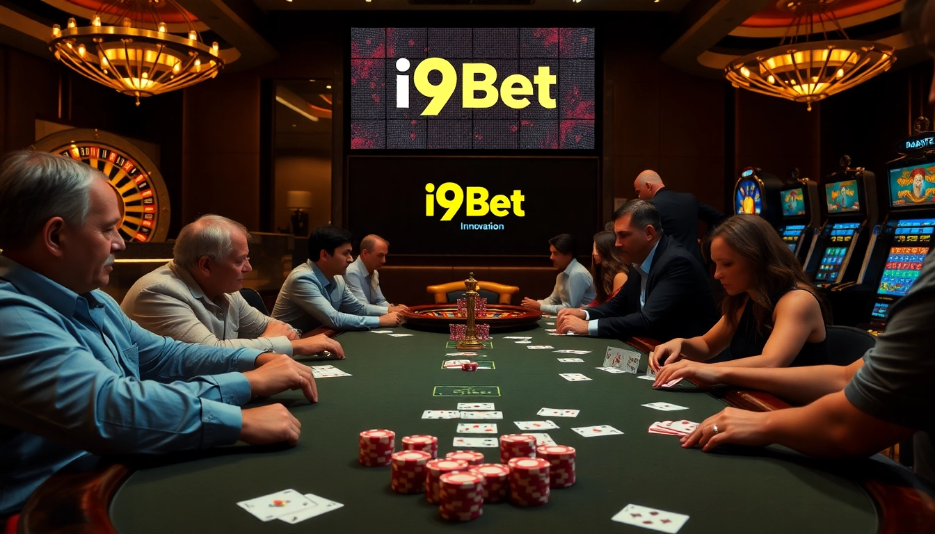 Play poker at https://i9bet.space/ while surrounded by vibrant chips and luxurious casino tables.