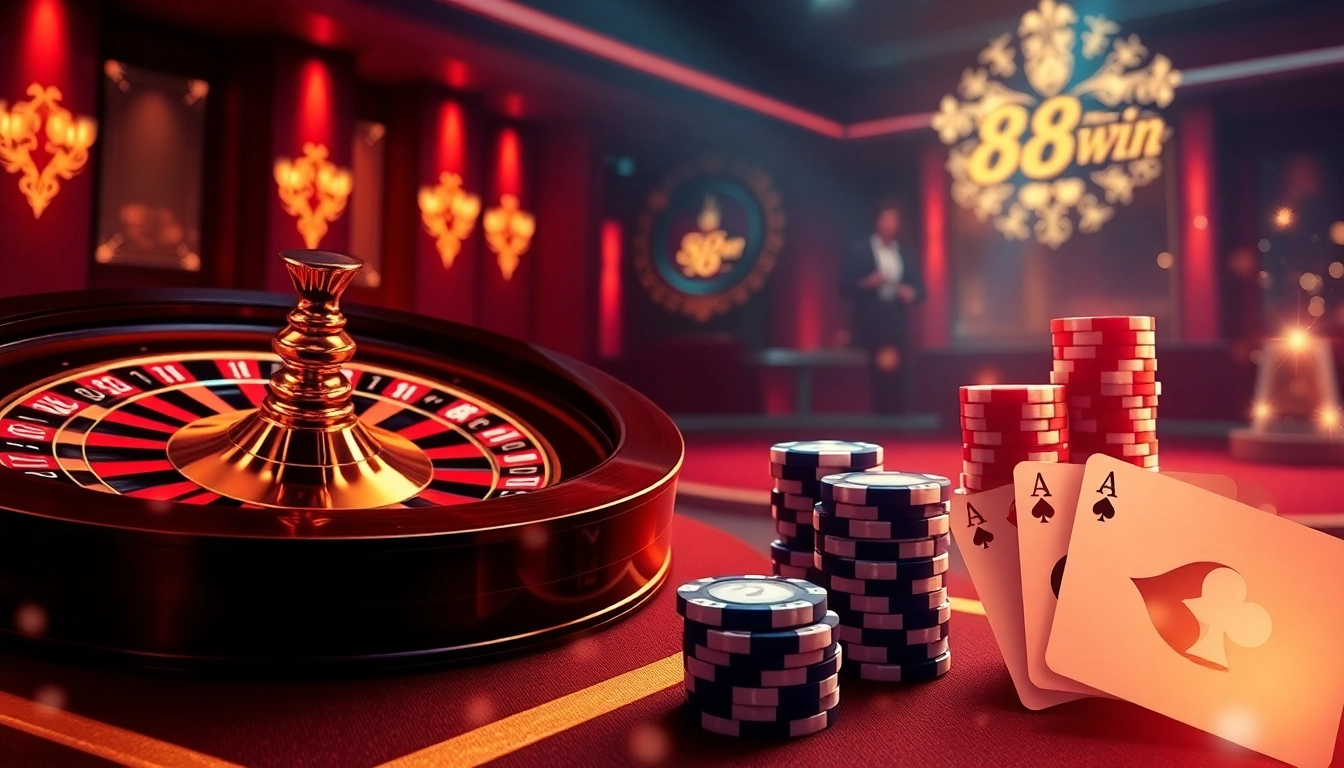 Experience the excitement of 68win vip in a luxurious online casino setting featuring poker chips, roulette, and playing cards.