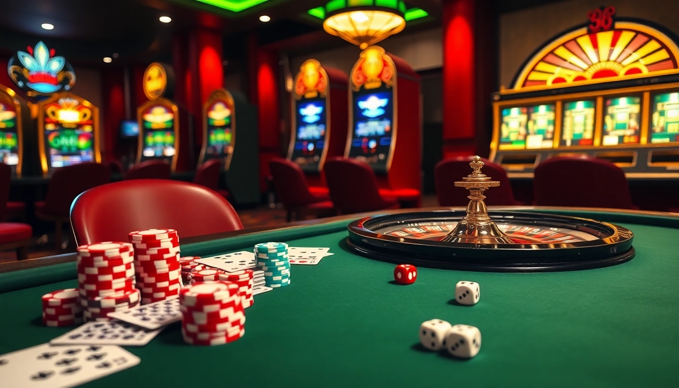 Experience the thrill of rikvip at a luxurious casino table featuring vibrant poker chips and a shining roulette wheel.