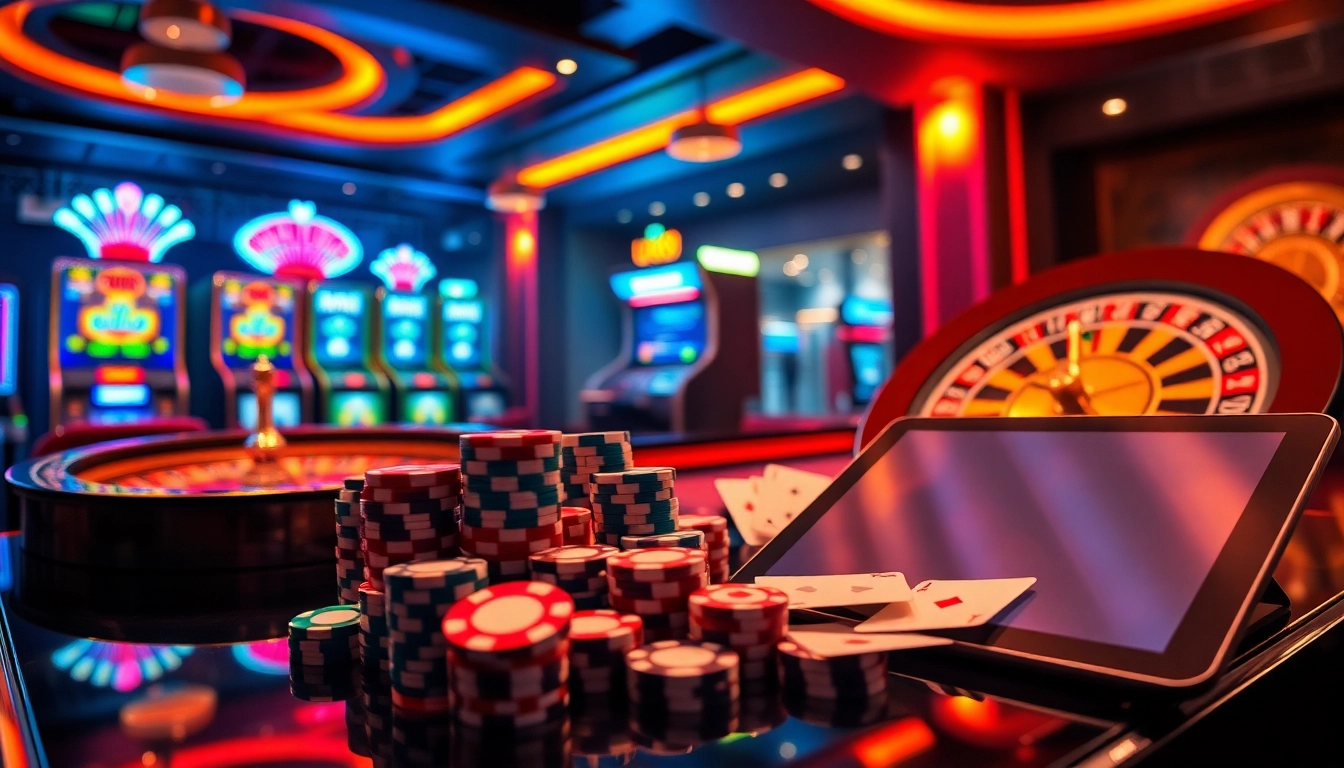 Experience thrilling games with uu88 in an elegant casino setting, featuring poker chips and slot machines.