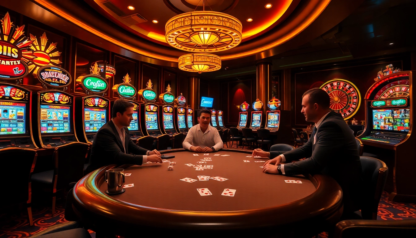 S8 players enjoy a high-stakes poker game amidst vibrant casino lights and dynamic slot machines.
