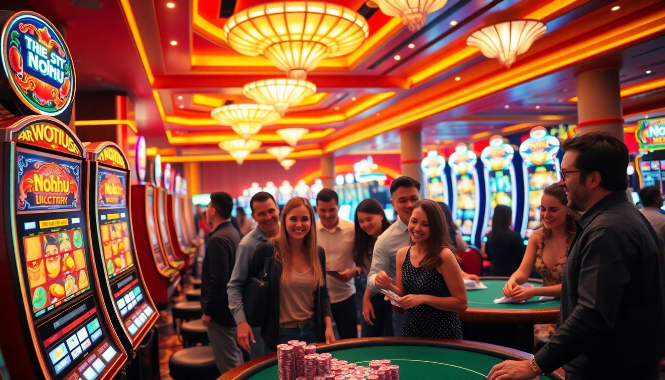 Players enjoying the thrill of nohu slot machines and vibrant casino games in a luxurious setting.