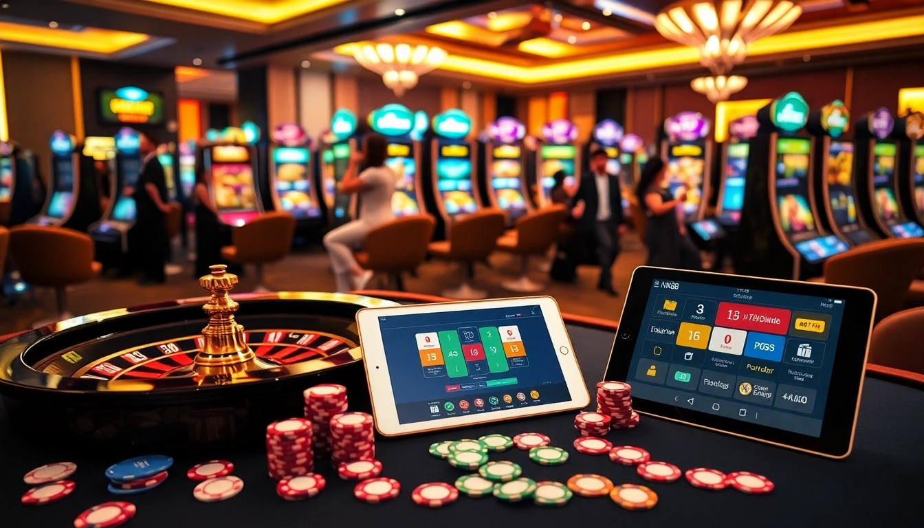 Engaging gaming scene highlighting NK88 with poker chips, cards, and a roulette wheel.