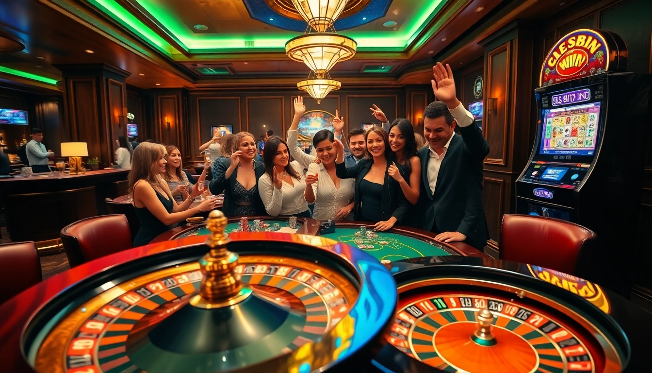 Experience the excitement of winning at 555win in a vibrant casino scene with roulette and slot machines.