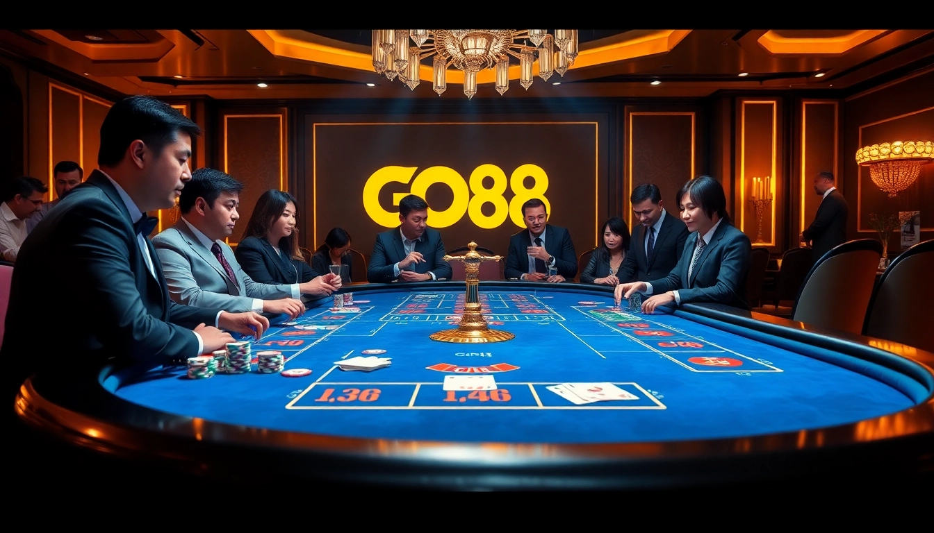 Excited players at a GO88 casino table, showcasing vibrant gambling action with cards and chips.
