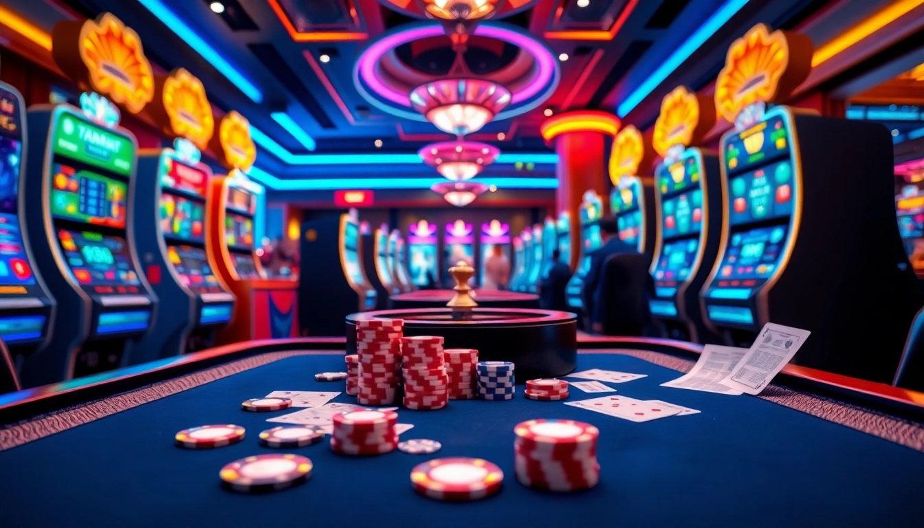 Engage in thrilling gaming at fun88, featuring vibrant slot machines and sleek poker tables.