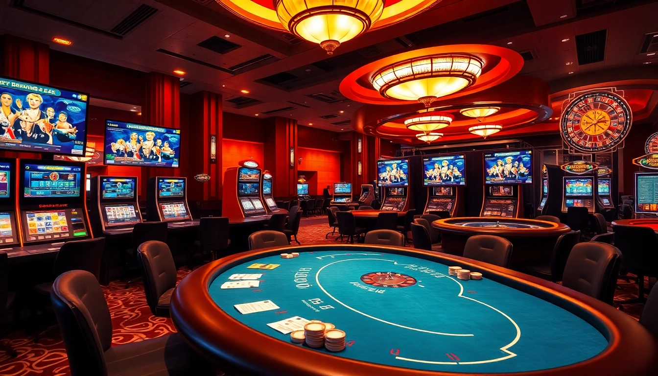 Exciting casino scene showcasing keonhacai interface with poker tables and roulette wheels.