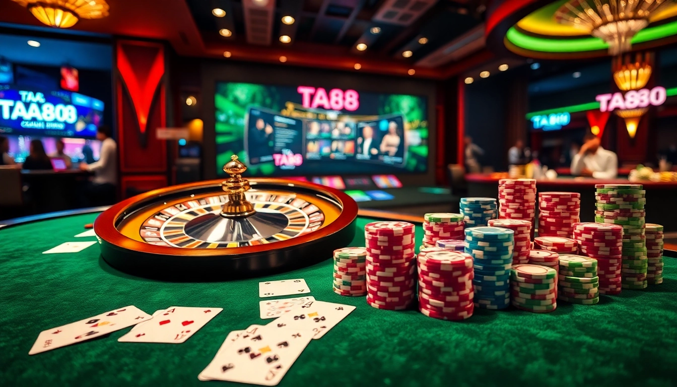 Experience thrilling gameplay at TA88, with poker chips and roulette in an upscale casino setting.