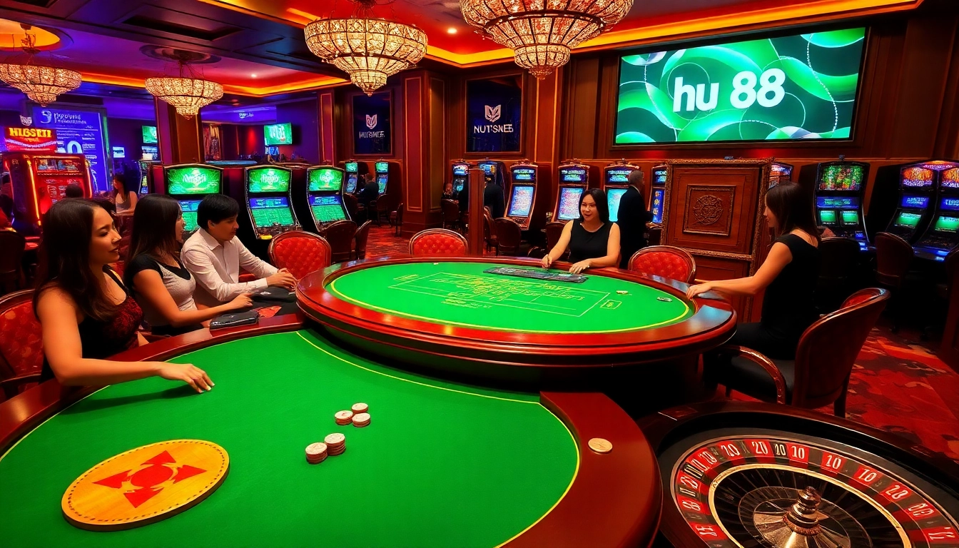Exciting HU 88 casino scene with players at the poker table and vibrant slot machines.