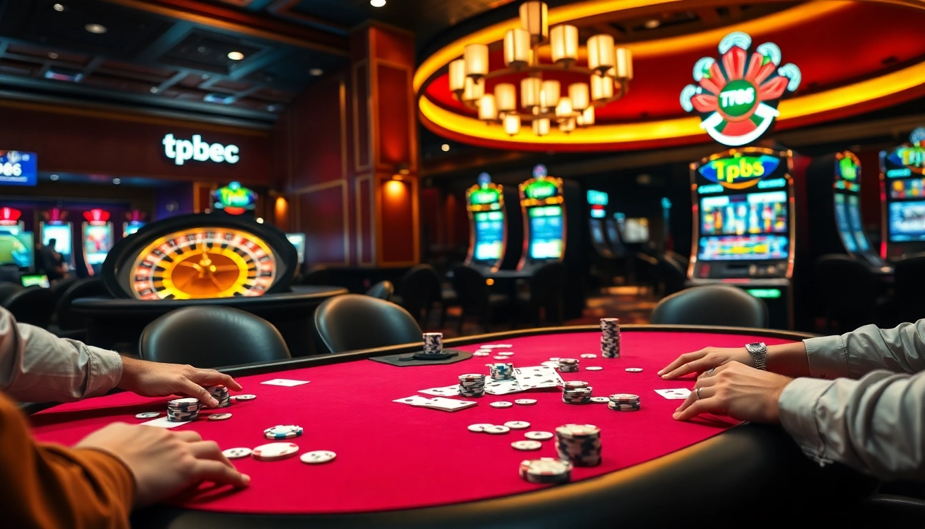 Engaging TP88 poker game scene with players, chips, cards, and a vibrant roulette wheel.