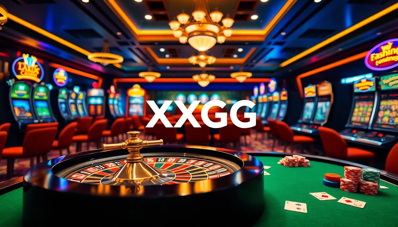 Experience the thrill of gambling at XXGG with vibrant tables, roulette wheel, and flashing slot machines.