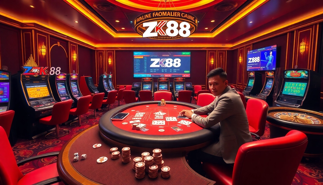 ZK88 casino environment showcasing poker excitement with luxury gaming elements.