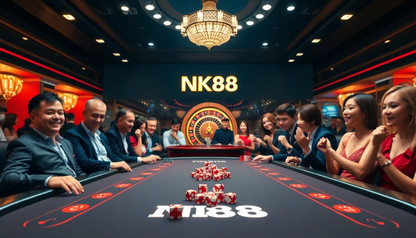 Engage in thrilling games at the NK88 poker table surrounded by rich casino elements.