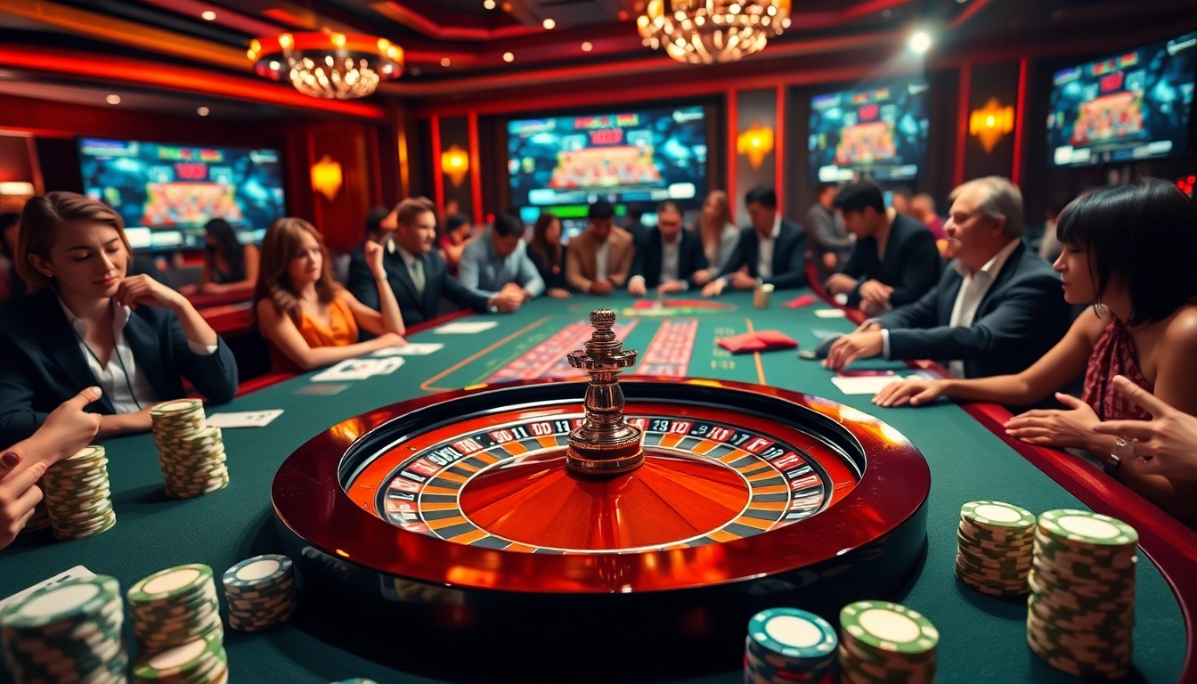 Players enjoying a dynamic casino experience at https://hb88hz.club/ with roulette, chips, and cards.
