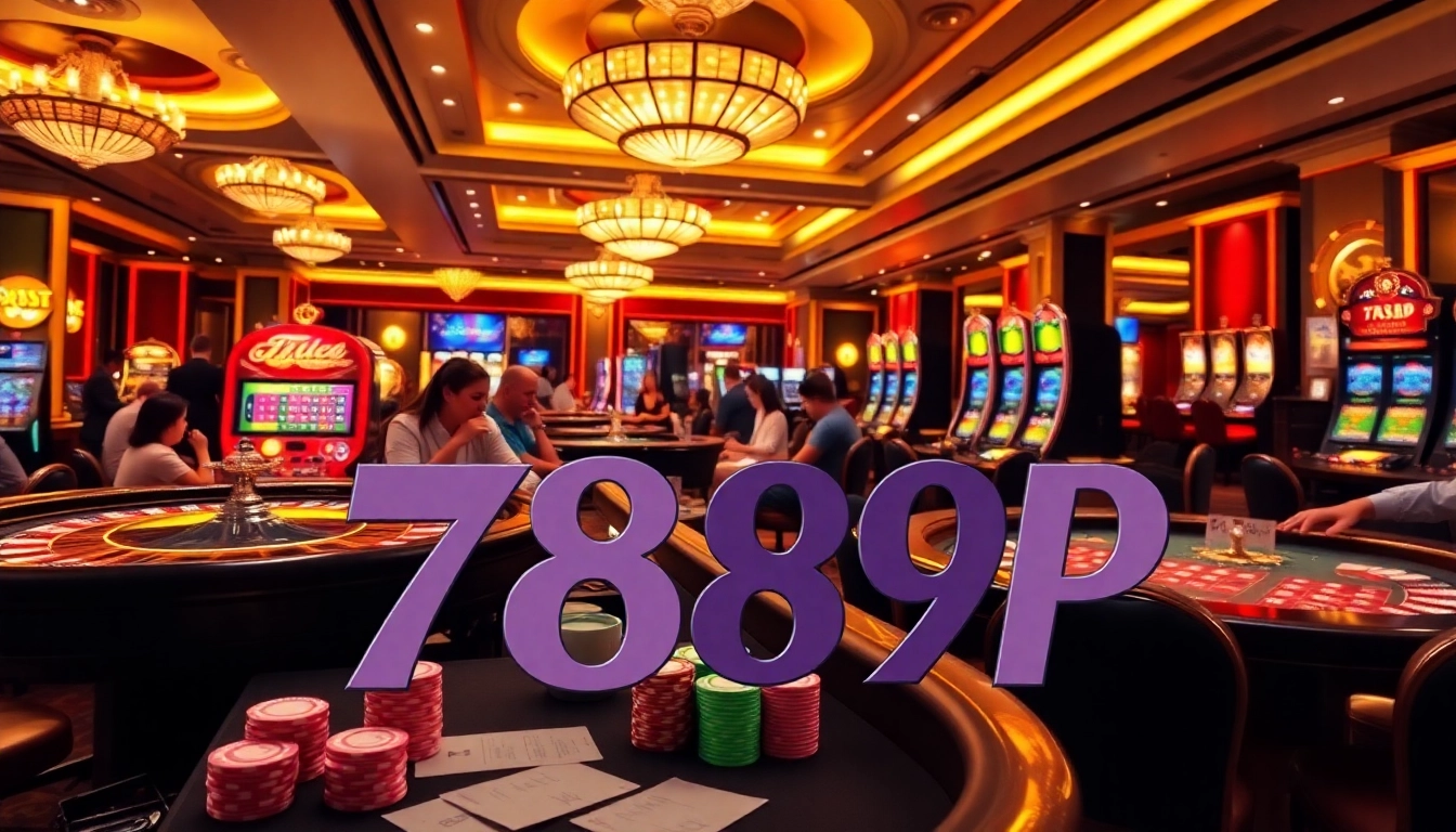 Experience the thrilling gaming atmosphere at the luxurious 789P casino, featuring poker chips and roulette wheels.