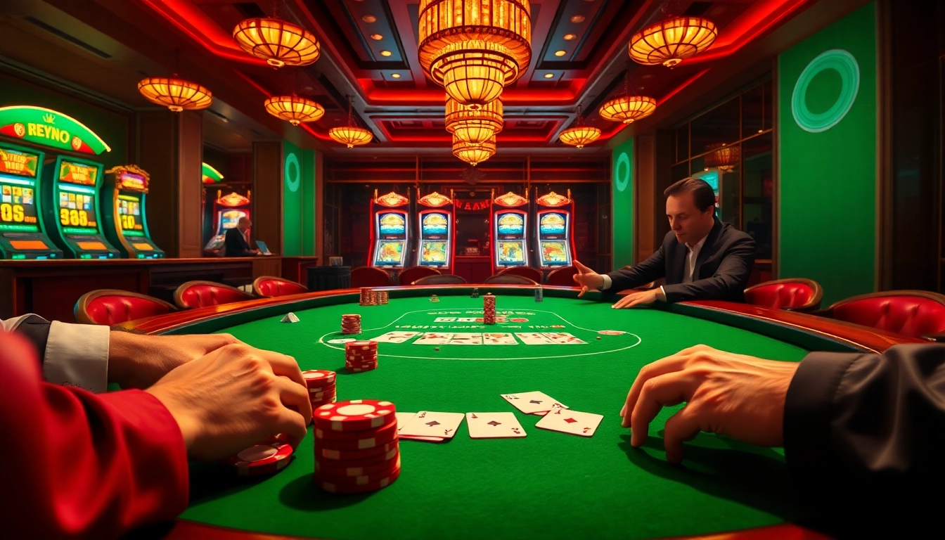 Experience the excitement at https://bem88.io/ with players engaged at a luxurious poker table.
