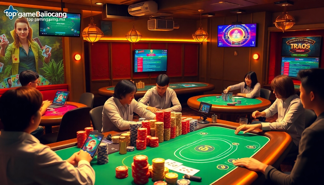 Interactive gaming community scene at topgamebaidoithuong.mx with engaging card games.