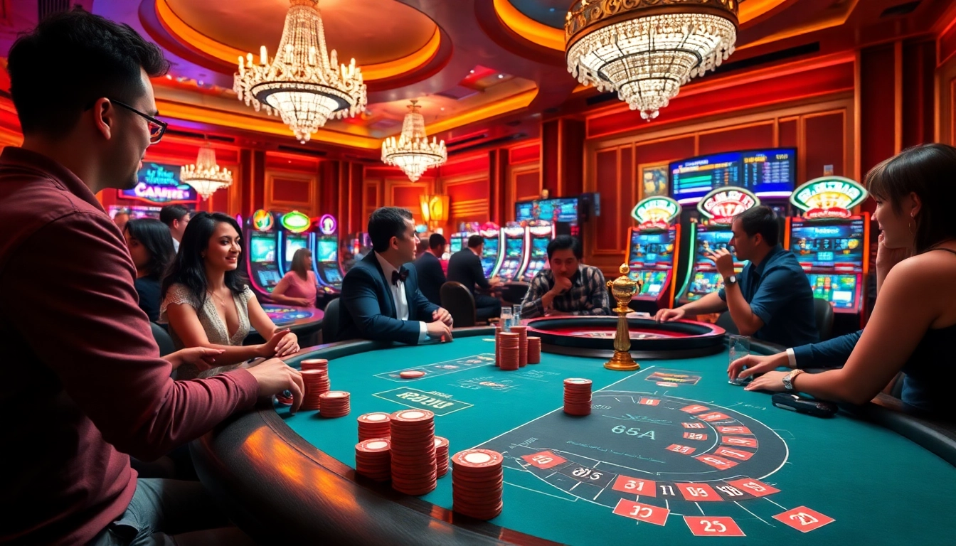 Experience the thrilling atmosphere of 65A casino with players at a vibrant poker table, chips stacked high.