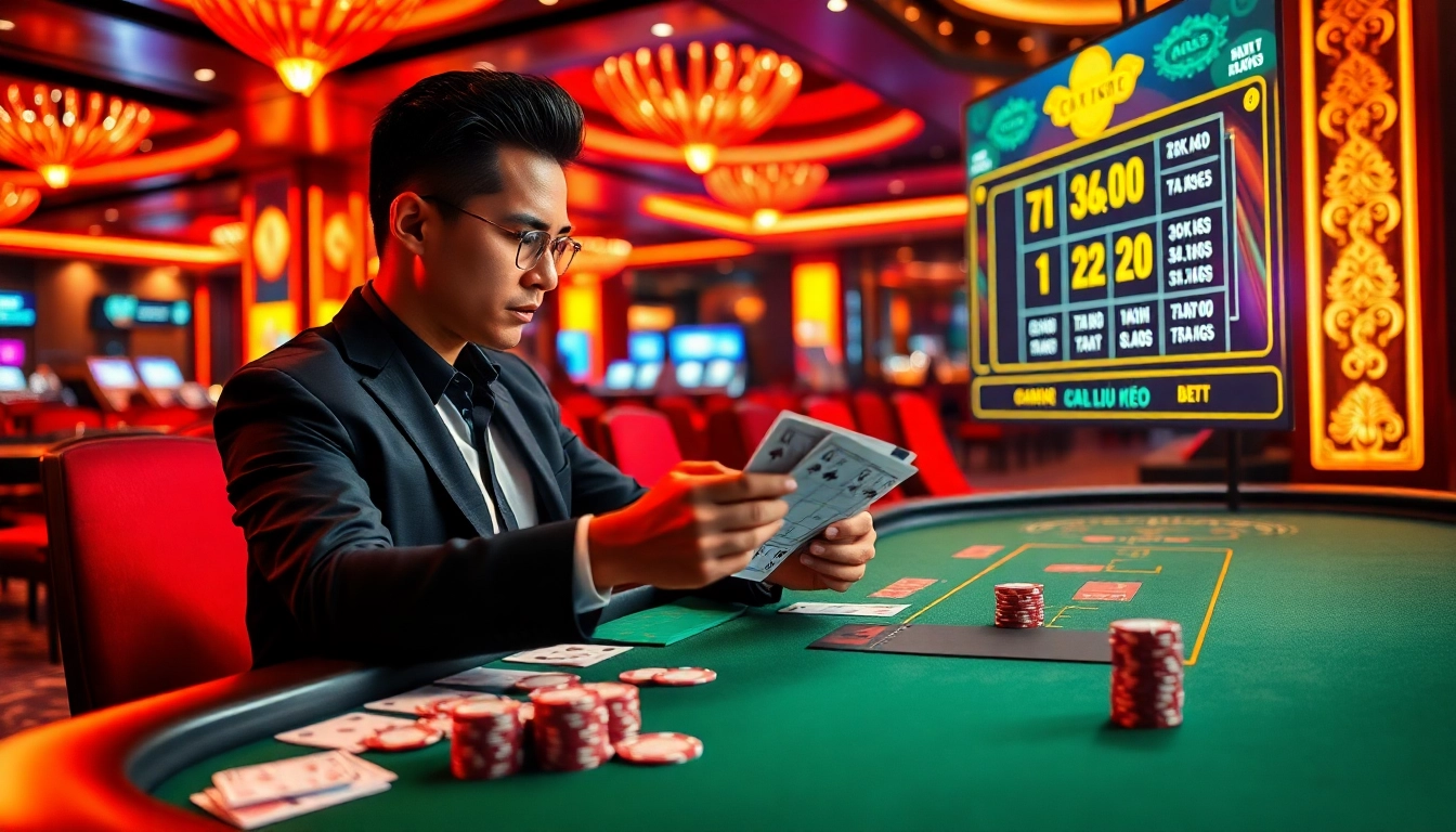 The scene captures a professional gambler analyzing tỷ lệ kèo at a poker table with vibrant casino lights and betting slips.