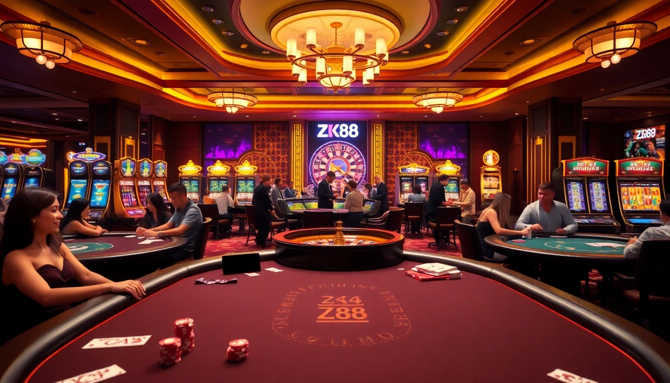 Players enjoying the high-stakes games at ZK88 casino, showcasing poker tables and slot machines.