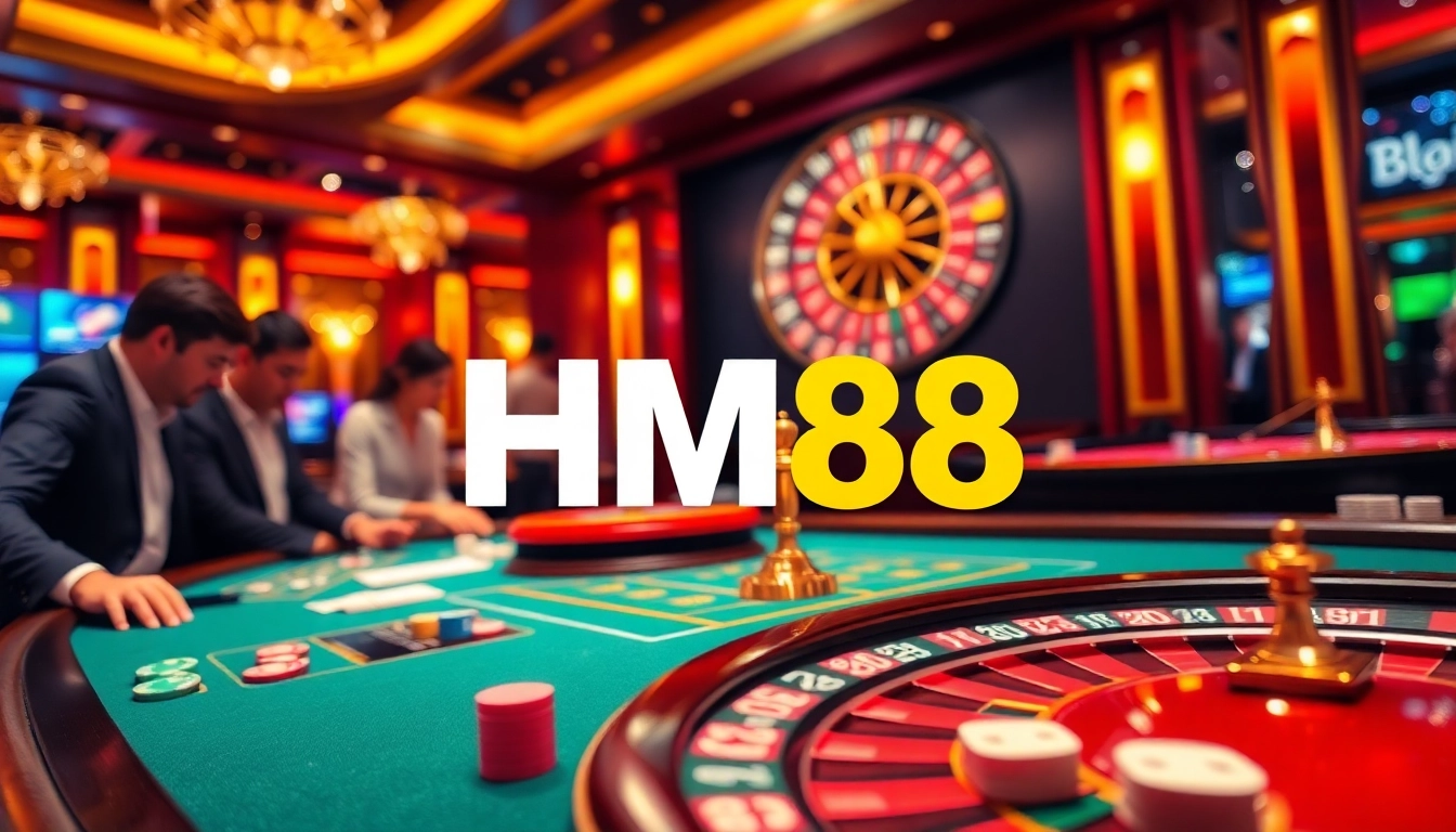 Engaging scene showcasing professionals gambling at HM88 casino tables with vibrant poker chips and roulette wheel.