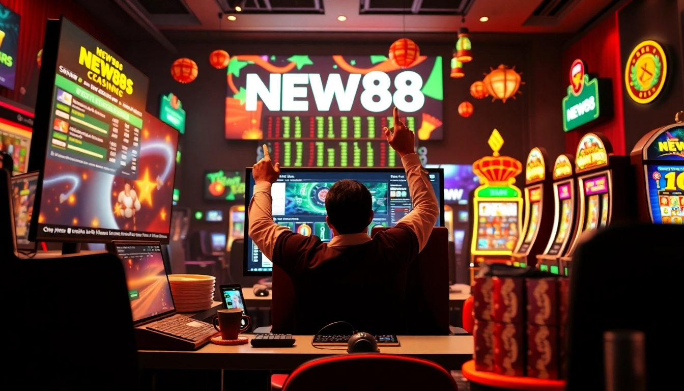 Dynamic gaming scene representing new88go.com with engaging interfaces and excited users.