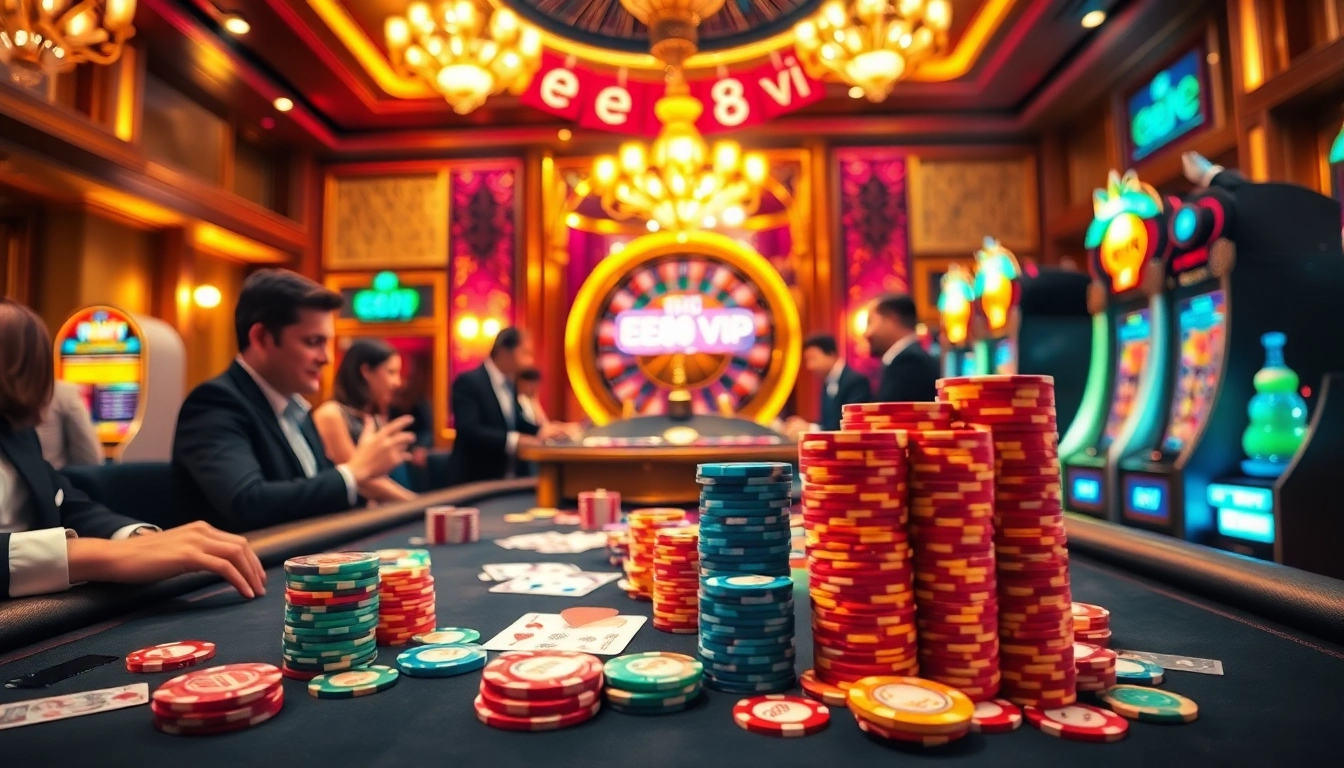 High-stakes poker action at EE88 VIP casino, showcasing vibrant chips and excited players.