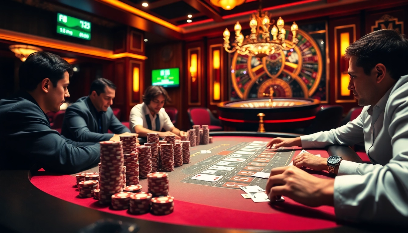 Engaged players at a poker table showcasing HM88 chips in a luxurious casino atmosphere.