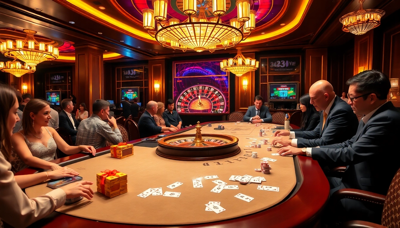 33win players enjoying thrilling table games and vibrant gambling atmosphere in a luxury casino.