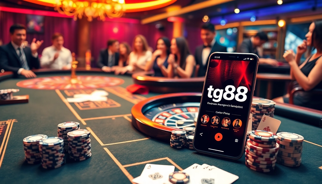 Experience the thrill of gambling with tg88 at an elegant casino table showcasing roulette and poker.
