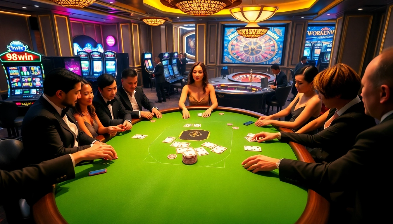 Exciting poker gameplay at 98win casino with vibrant chips and elegant players.