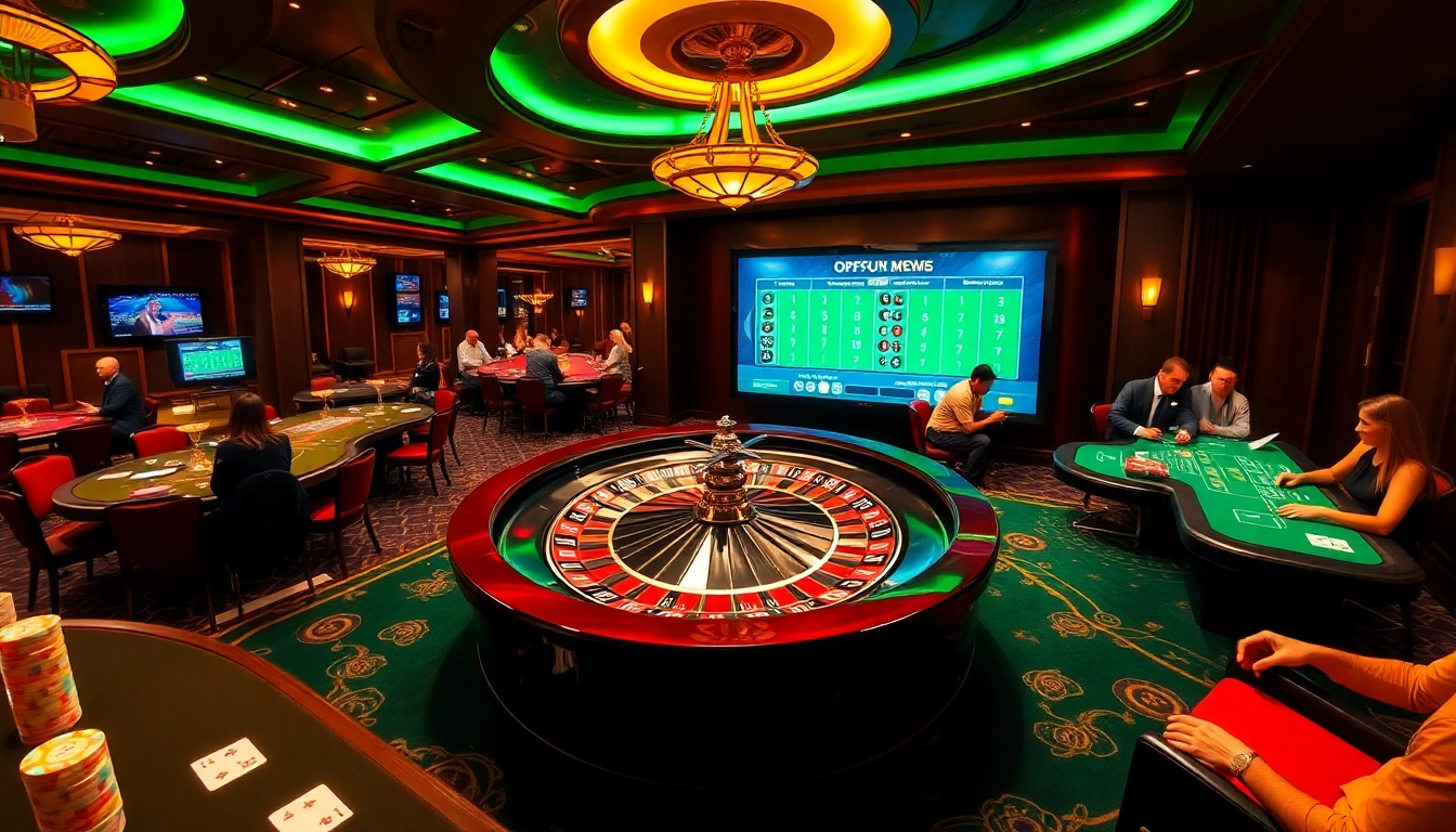 Engaging players enjoy a vibrant Okfun casino experience with roulette and poker, showcasing excitement.